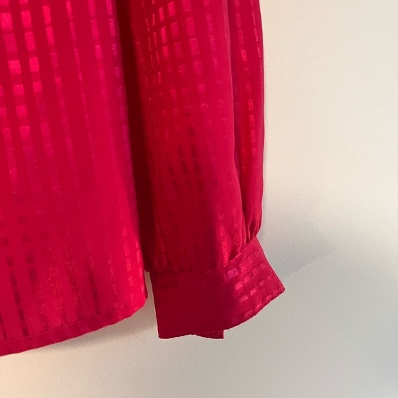 Vintage 80s Hot Pink Barbiecore Bow Tie Blouse St Michael UK Puff Shoulder Sz 14 - Picture 4 of 9